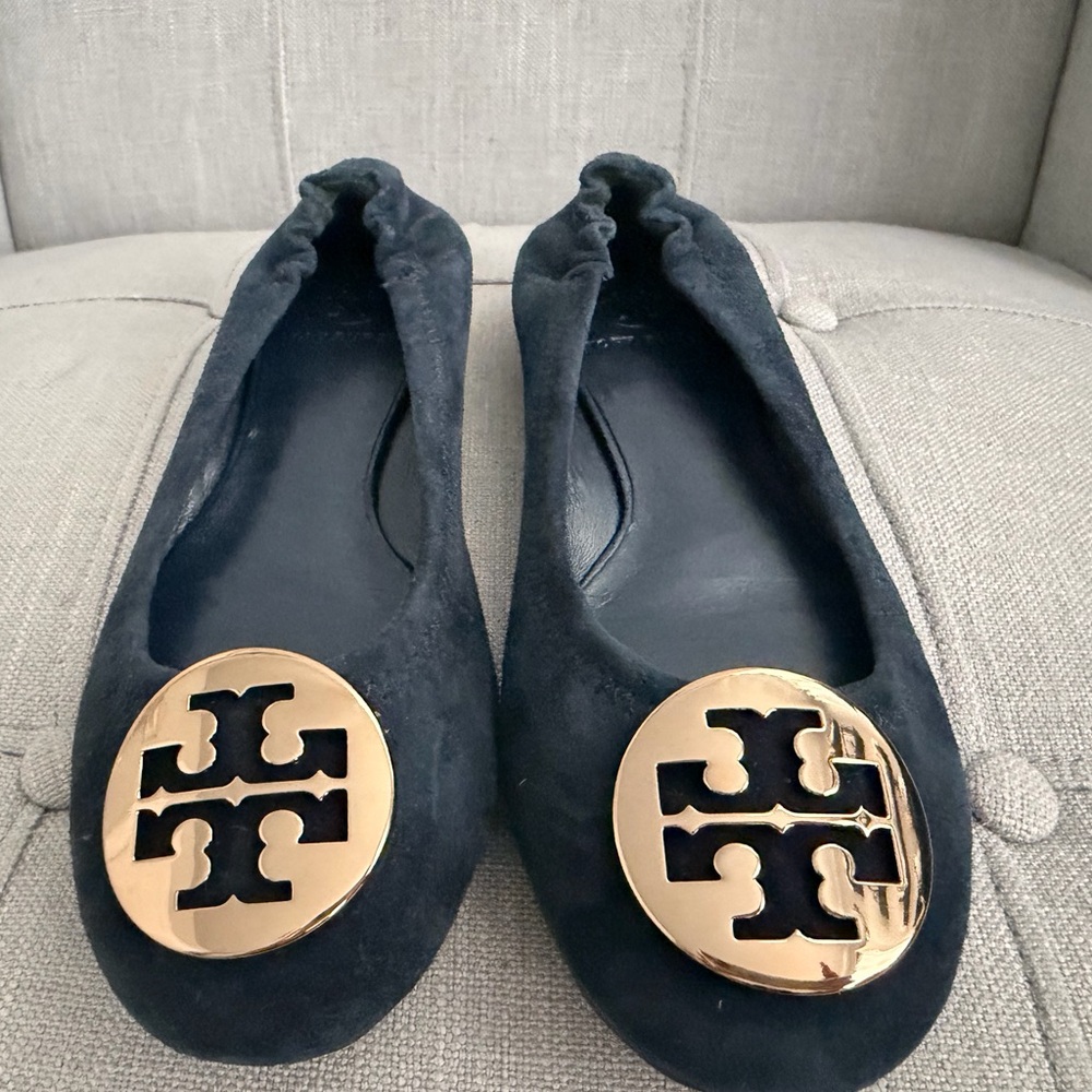 New Tory Burch Softy-Suede Bright Blue and Bronze Reva Flats